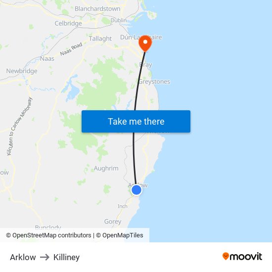 Arklow to Killiney map