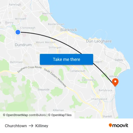 Churchtown to Killiney map