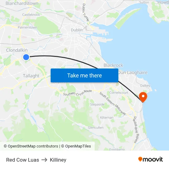 Red Cow Luas to Killiney map