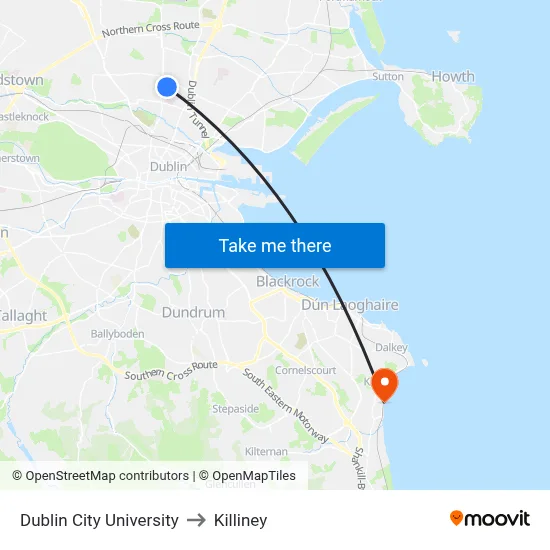 Dublin City University to Killiney map