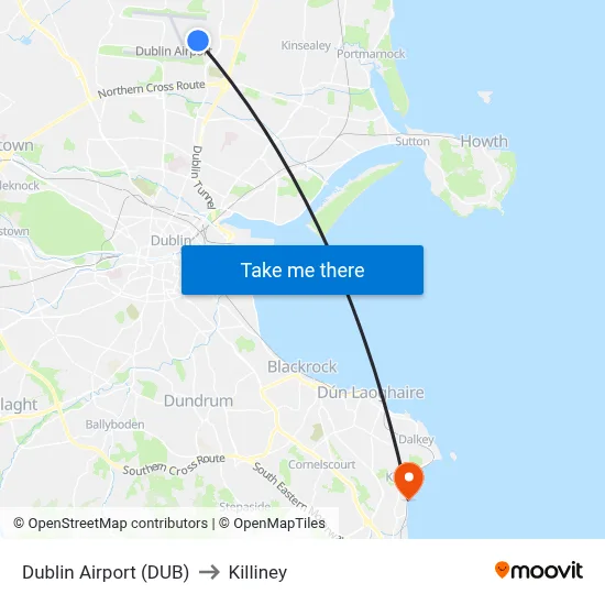 Dublin Airport (DUB) to Killiney map