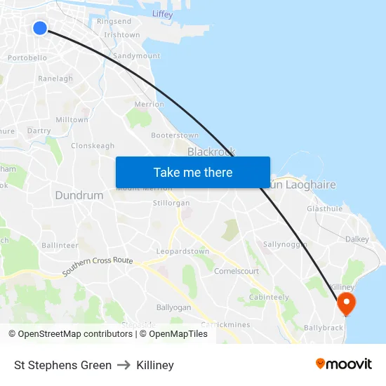 St Stephens Green to Killiney map