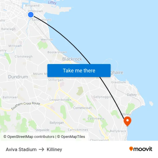 Aviva Stadium to Killiney map