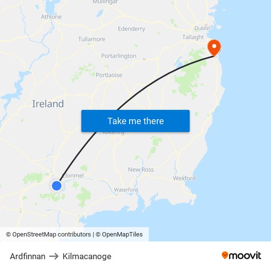 Ardfinnan to Kilmacanoge map