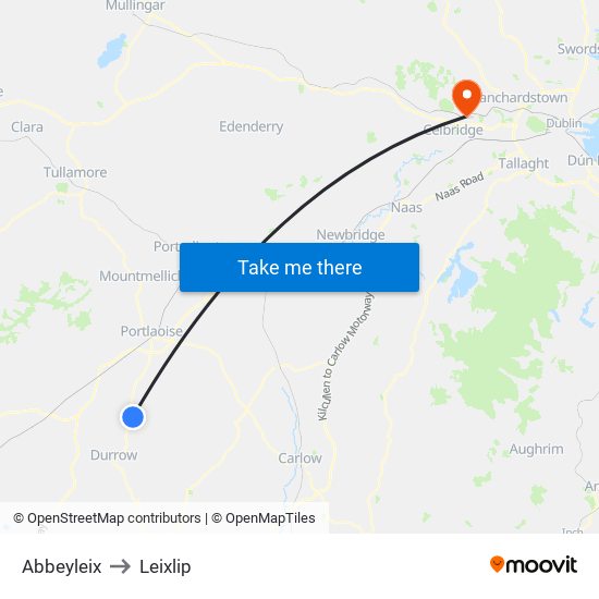 Abbeyleix to Leixlip map