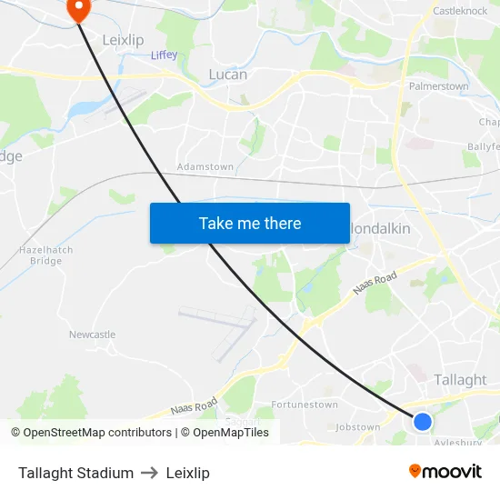 Tallaght Stadium to Leixlip map