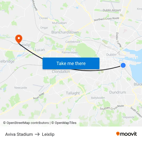 Aviva Stadium to Leixlip map