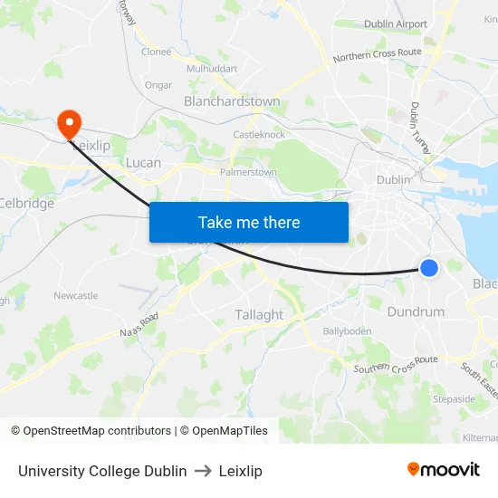 University College Dublin to Leixlip map