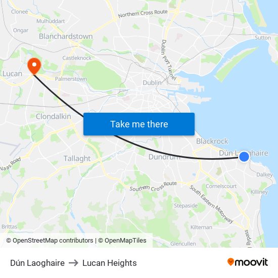 Dún Laoghaire to Lucan Heights map