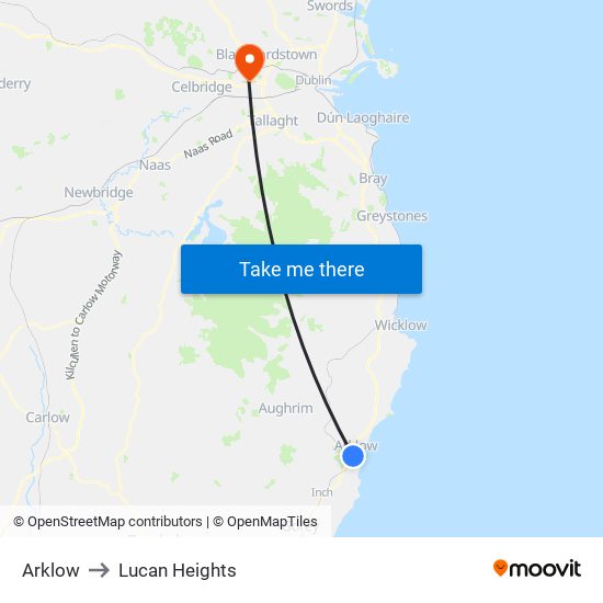Arklow to Lucan Heights map