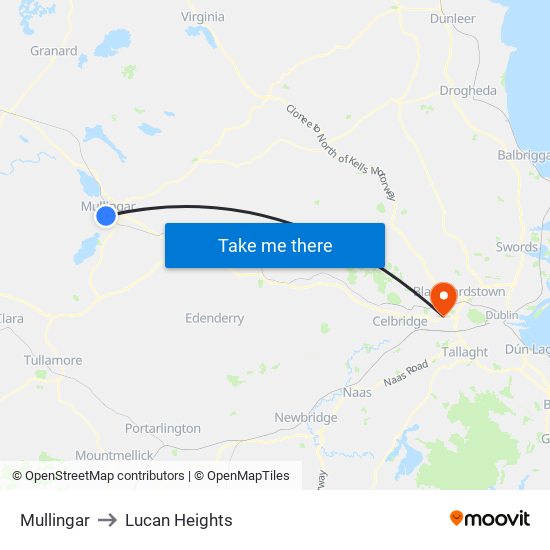 Mullingar to Lucan Heights map