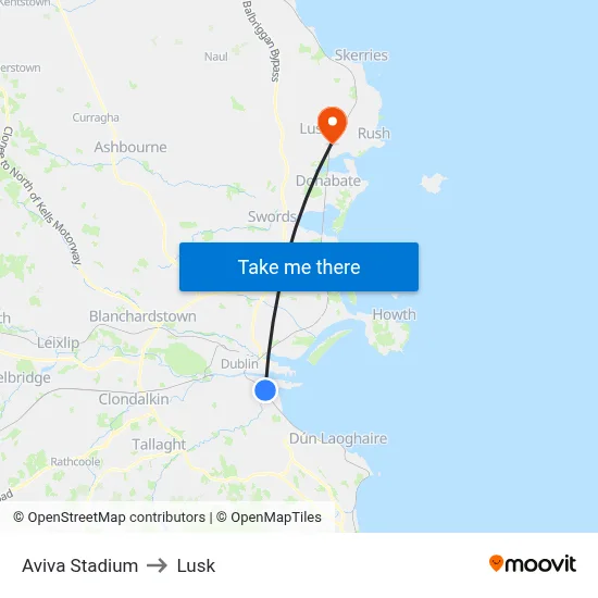 Aviva Stadium to Lusk map