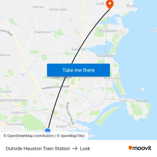 Outside Heuston Train Station to Lusk map