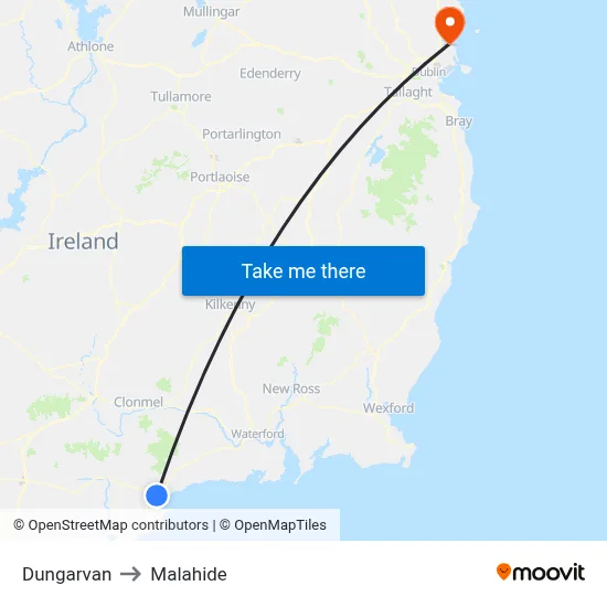Dungarvan to Malahide map