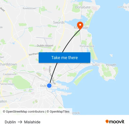 Dublin to Malahide map