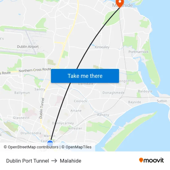 Dublin Port Tunnel to Malahide map