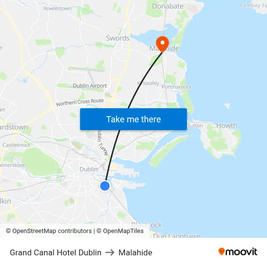 Grand Canal Hotel Dublin to Malahide map