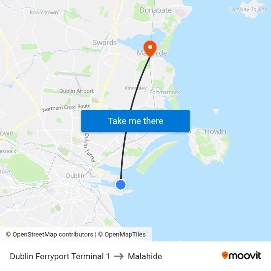 Dublin Ferryport Terminal 1 to Malahide map