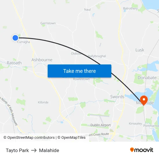 Tayto Park to Malahide map