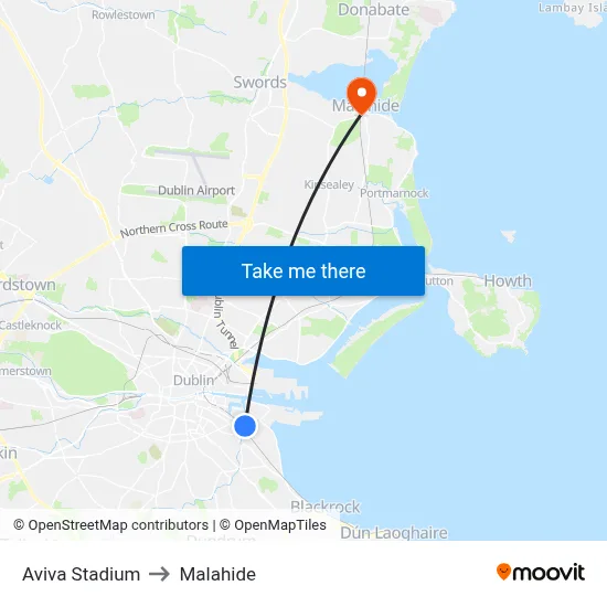 Aviva Stadium to Malahide map