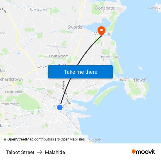 Talbot Street to Malahide map