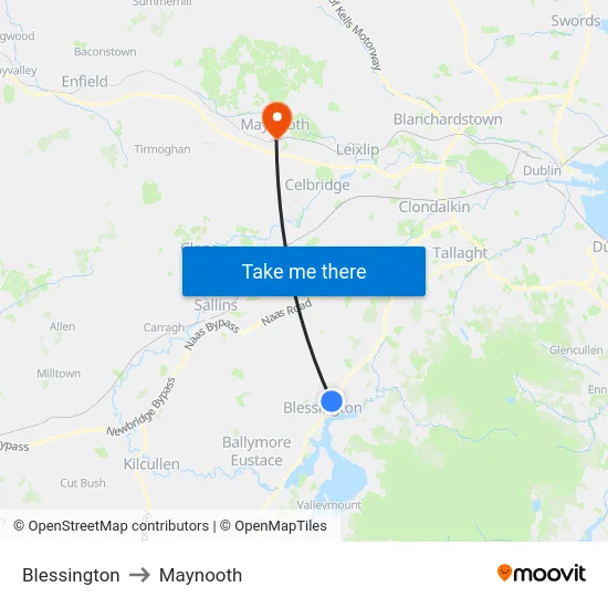 Blessington to Maynooth map