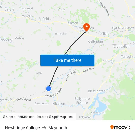 Newbridge College to Maynooth map