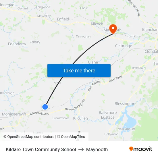 Kildare Town Community School to Maynooth map