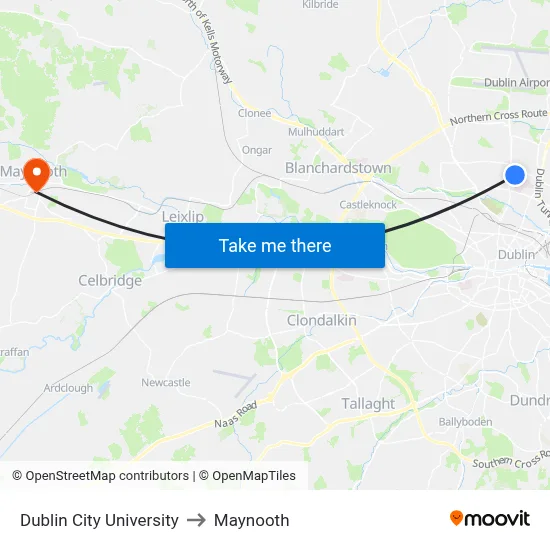 Dublin City University to Maynooth map