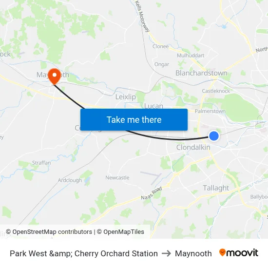 Park West &amp; Cherry Orchard Station to Maynooth map