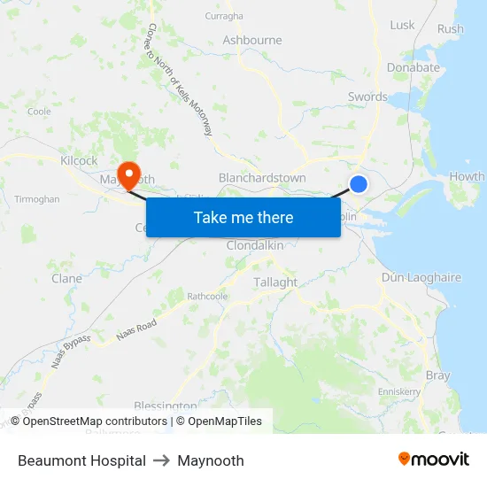 Beaumont Hospital to Maynooth map