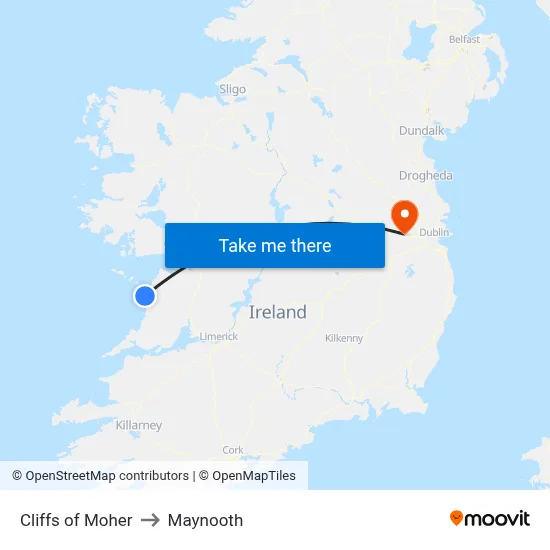 Cliffs of Moher to Maynooth map
