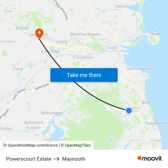 Powerscourt Estate to Maynooth map