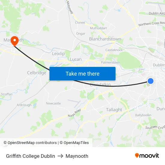 Griffith College Dublin to Maynooth map