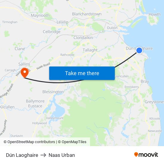 Dún Laoghaire to Naas Urban map