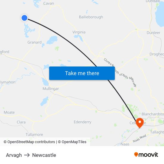Arvagh to Newcastle map