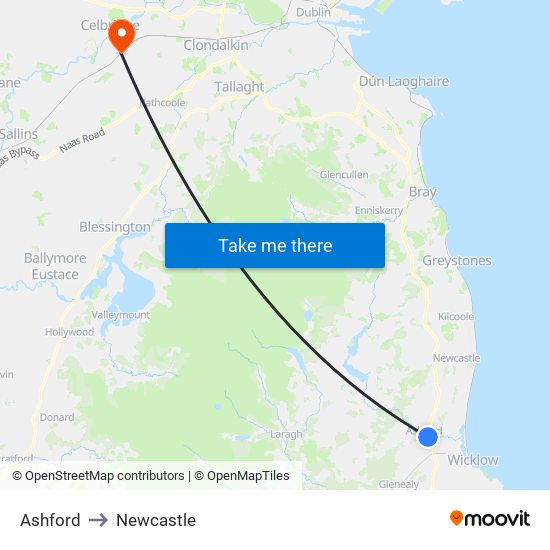 Ashford to Newcastle map