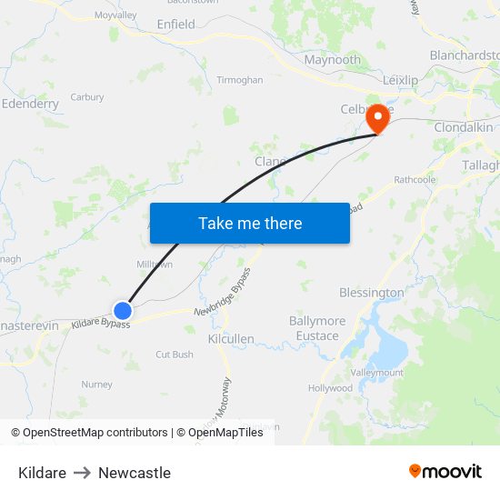 Kildare to Newcastle map