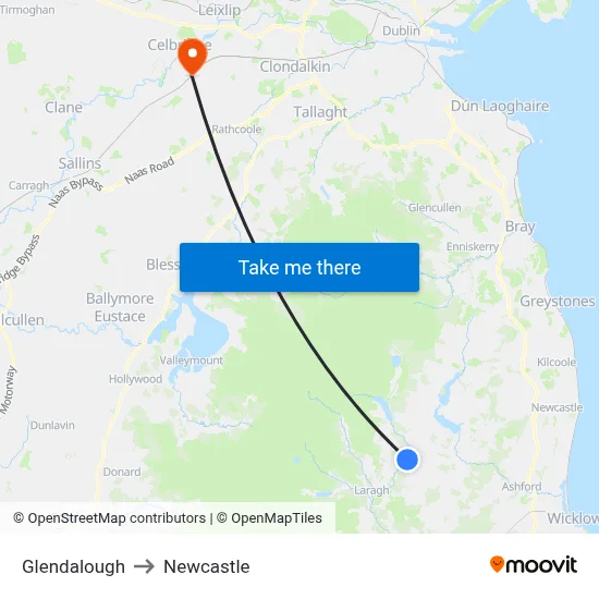 Glendalough to Newcastle map