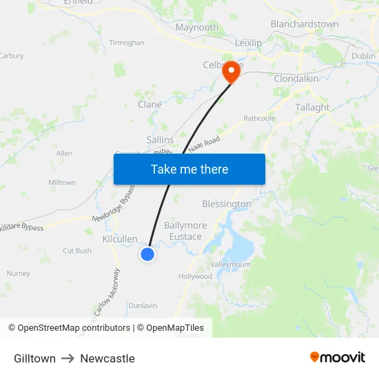 Gilltown to Newcastle map
