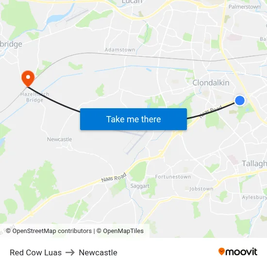Red Cow Luas to Newcastle map