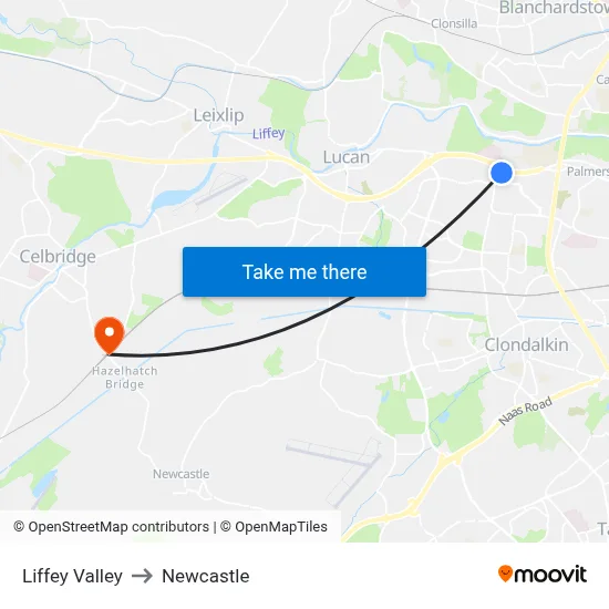 Liffey Valley to Newcastle map