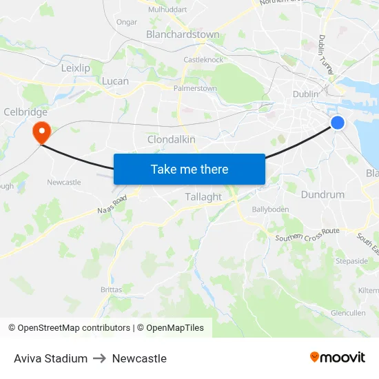 Aviva Stadium to Newcastle map