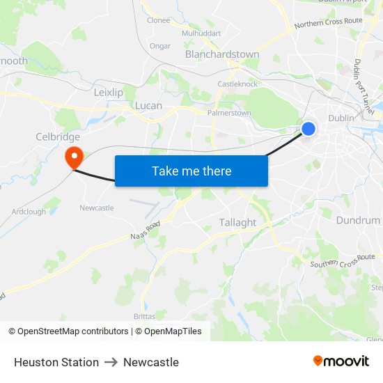 Heuston Station to Newcastle map