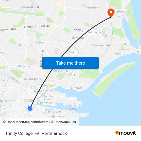 Trinity College to Portmarnock map