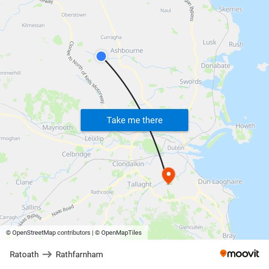 Ratoath to Rathfarnham map