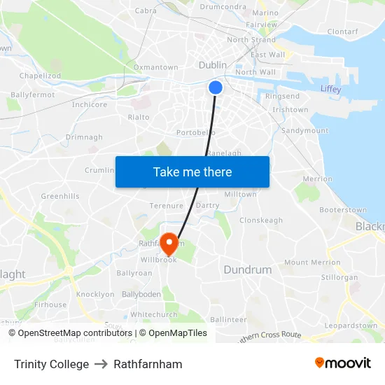 Trinity College to Rathfarnham map
