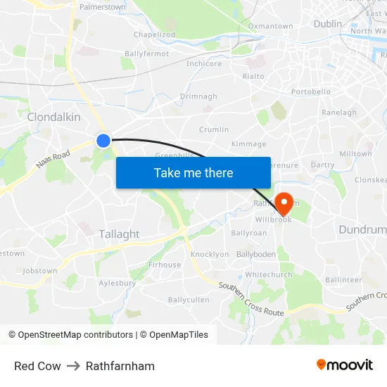 Red Cow to Rathfarnham map