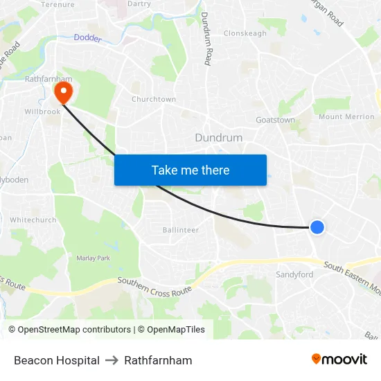 Beacon Hospital to Rathfarnham map