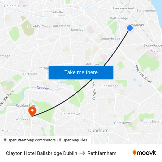 Clayton Hotel Ballsbridge Dublin to Rathfarnham map